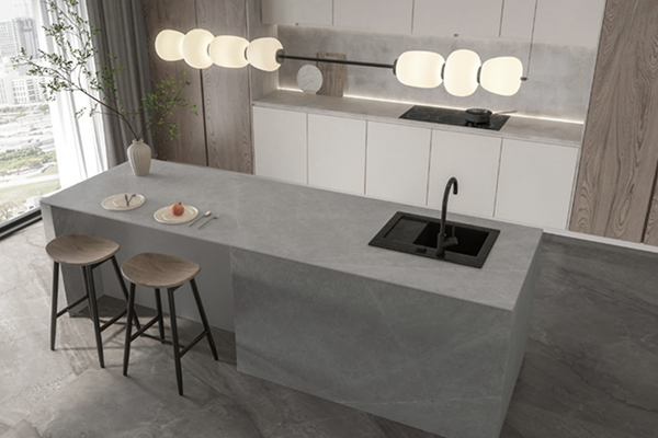 grey mattworktop and waterfall island 